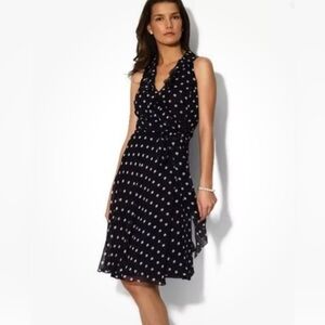 Lauren Ralph Lauren Navy Blue & White Polka Dot Ruffle Wrap Dress – Size 2